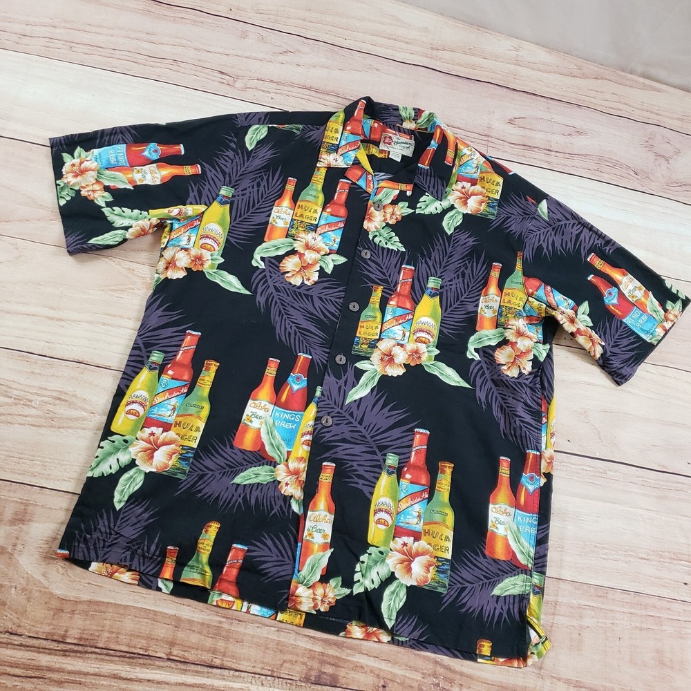 Hilo Hattie Shirt Mens Large Black Yellow Button Up Hawaiian Camp Beer Adult - Picture 2 of 8